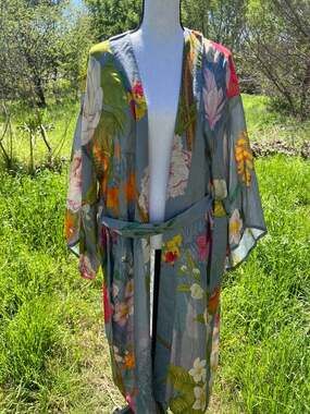 Powder Design Tropical Floral and Fauna Kimono Robe in Sage